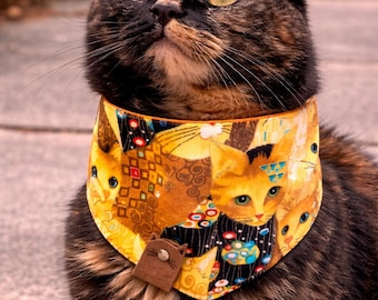 Artsy Cat Bandana Collar, Artistic Cat Print, Handmade Snap-On Scarf, Limited Edition, Orangies Cats