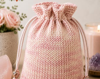 Cinch & Go, Knitting Pattern, Flat Bottom Drawstring Bag, Makeup, Crystals, Cat Treats, hand knit drawstring pouch