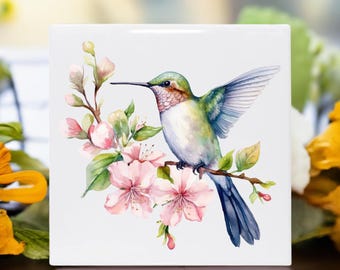Hummer Tile Set of 4, 6 x 6, Colorful Bird Decor, Hummingbird Art