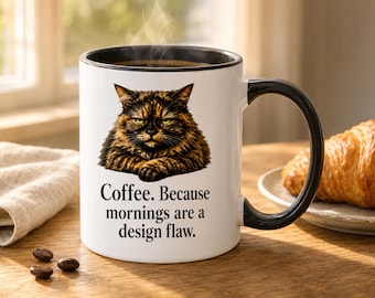 Coffee. Because Mornings Are a Design Flaw, Funny Cat Coffee Mug, Snarky Tortie Mug, Cat Lover Gift, Office Coffee Cup