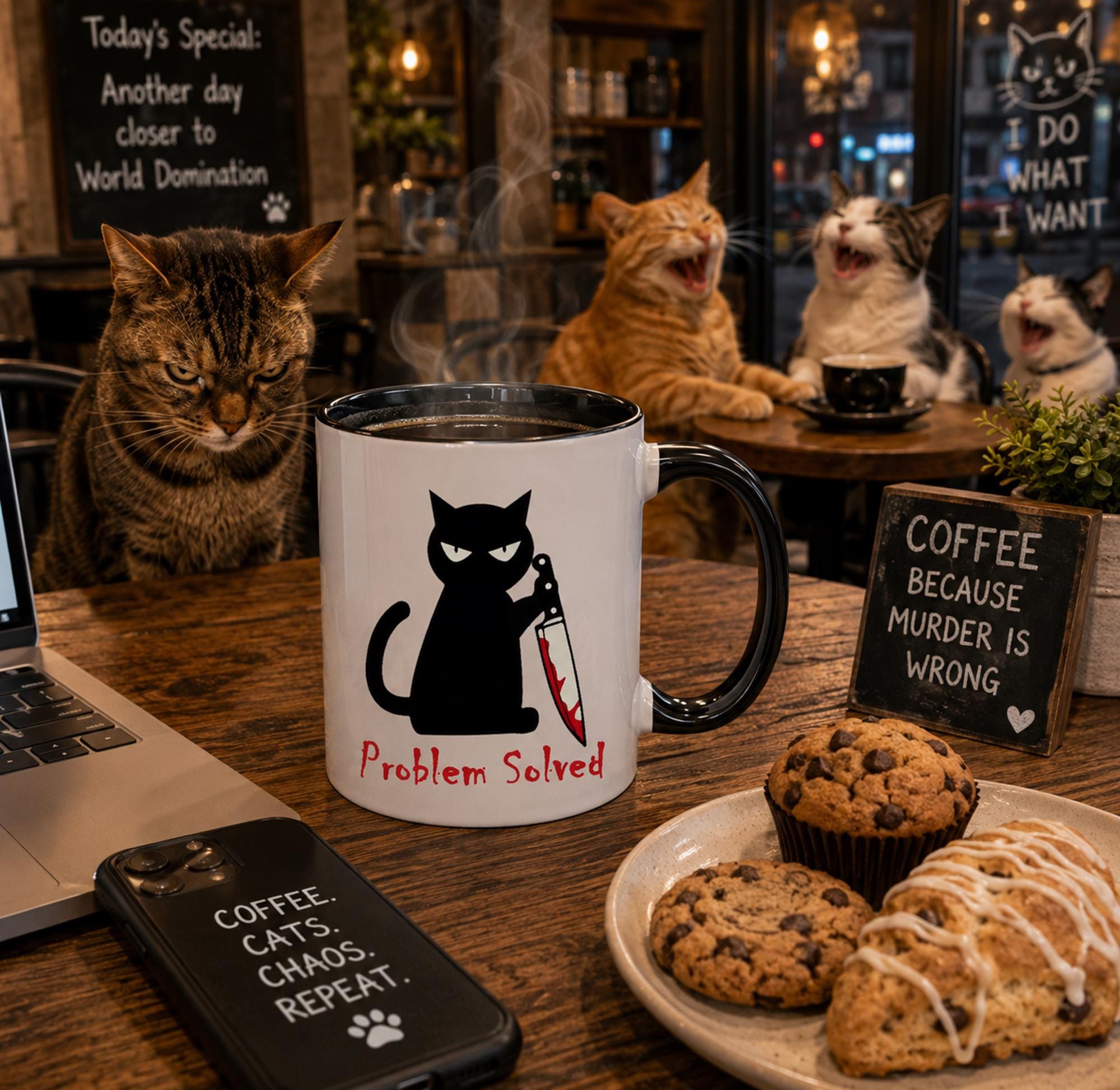 Black Cat Mug, Problem Solved Coffee Cup, Dark Humor Cat Lover Gift