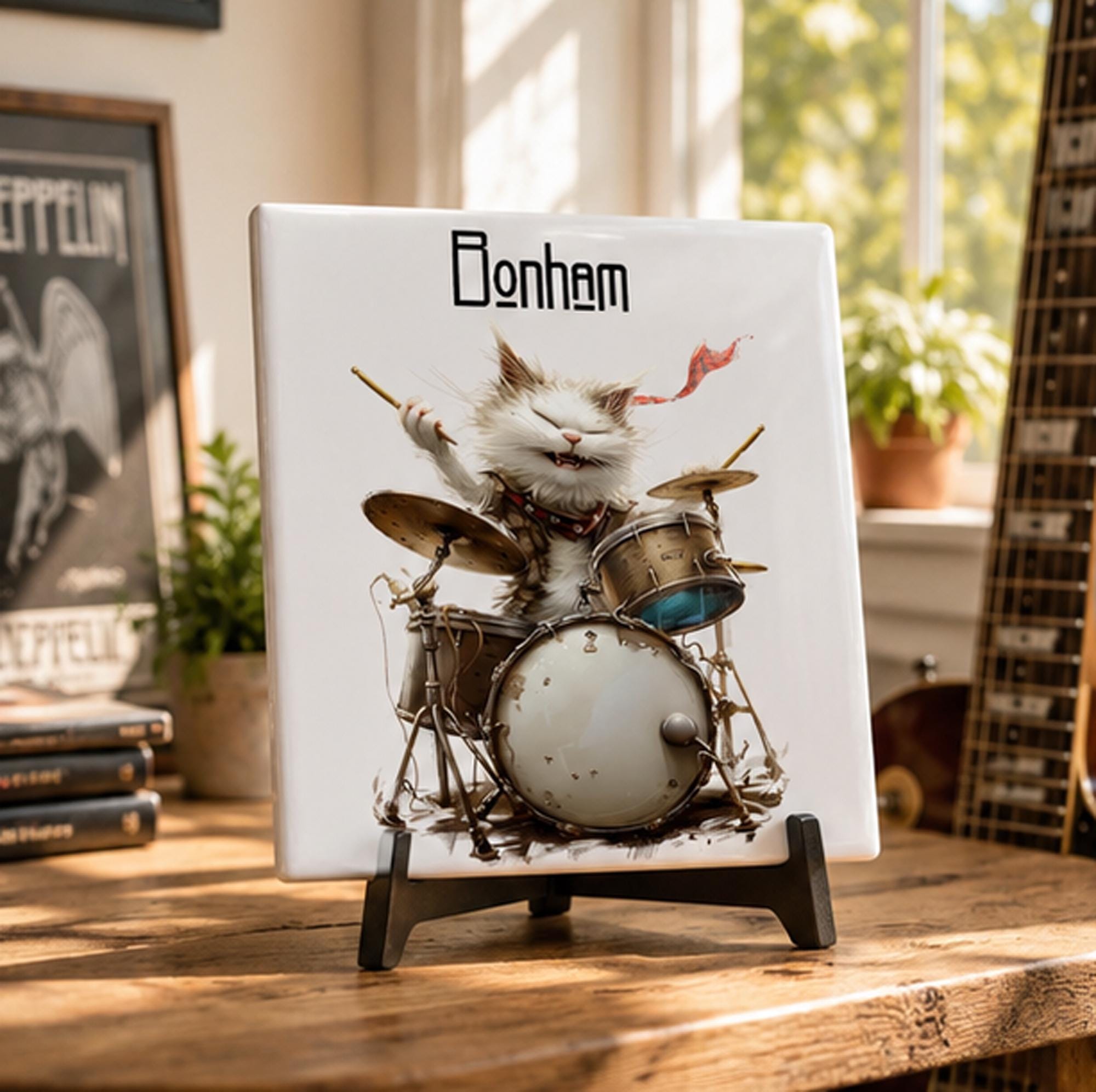 Cat Zeppelin Rock Cat Ceramic Tile Set, Music Room Decor, 6x6'' Square