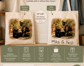 Custom Cat Photo Tote Bag, Personalized Pet Portrait Canvas Bag