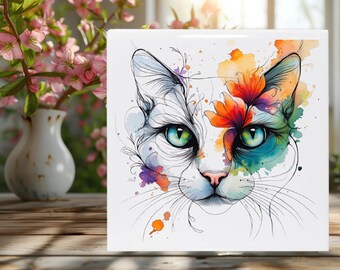Whimsical Cat Tile, Colorful Graphic, Decorative Ceramic Tile, 6x6