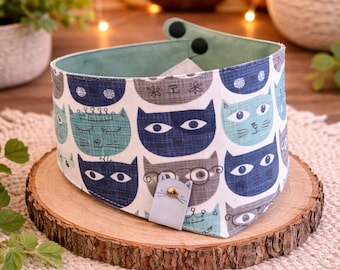 Cat Bandana Collar, Handmade Cotton Snap-On Pet Accessory (Limited Edition), Sage Kitty Heads Cat