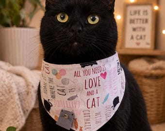 Handmade Cat Bandana Collar, Snap-On Pet Accessory, Limited Edition, Love and A Cat Print