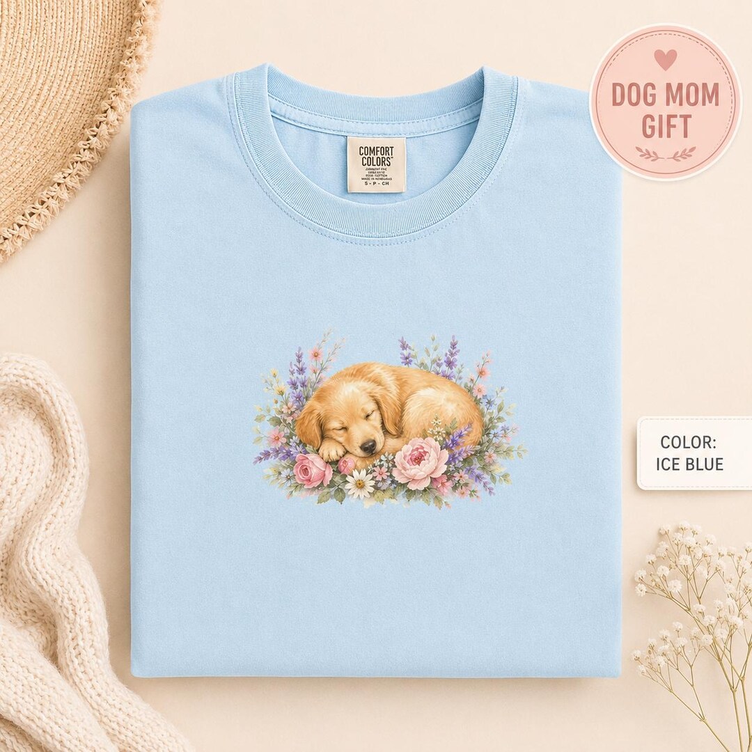 Sleeping Golden Retriever Puppy T-shirt, Watercolor Floral Dog Lover ...