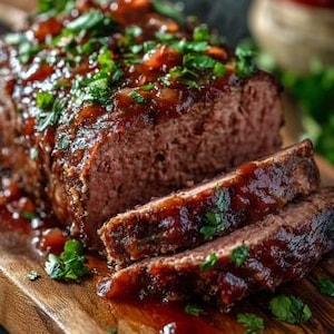 Pode incluir: Um close-up de um bolo de carne fatiado com um glacê doce e salgado. O bolo de carne está em uma tábua de cortar de madeira e é decorado com salsa fresca.
