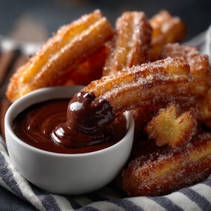 Puede incluir: Primer plano de churros dorados espolvoreados con azúcar, con uno sumergido en un cuenco blanco pequeño con salsa de chocolate negro. Los churros están dispuestos sobre un paño a rayas, creando una escena de postre tentadora.