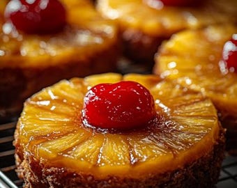 Könnte beinhalten: Nahaufnahme eines Ananas-Kuchen auf dem Kopf mit einer roten Kirsche oben. Der Kuchen steht auf einem Gitterrost und im Hintergrund sind weitere Kuchen zu sehen.
