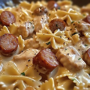 Könnte beinhalten: Nahaufnahme eines cremigen Pastagerichts mit Farfalle-Nudeln, Hühnerstücken und geschnittener Wurst. Das Gericht ist mit einer cremigen Sauce bedeckt und mit Kräutern garniert. Die Wurst ist gebräunt und die Pasta hat eine hellgelbe Farbe.