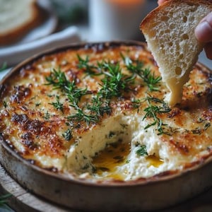 Puede incluir: Primer plano de un dip blanco cremoso con una parte superior dorada y con queso. El dip está adornado con hierbas frescas y se sirve en un plato redondo marrón. Un trozo de pan crujiente se está sumergiendo en el dip.