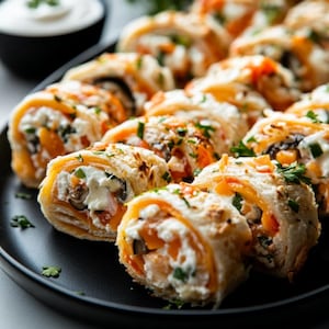 Può includere: Primo piano di un piatto nero pieno di diversi panini a spirale. I panini hanno un design a spirale con strati visibili di formaggio cremoso, verdure arancioni ed erbe verdi. Una piccola ciotola di salsa bianca è sullo sfondo.