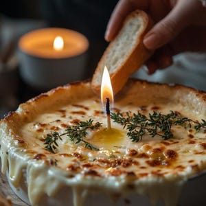 May include: A white ceramic dish filled with a creamy, cheesy dip topped with fresh thyme and a lit match. A person is dipping a piece of bread into the dip.