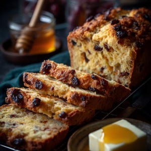 Puede incluir: Un pan dorado con pasas oscuras, parcialmente rebanado, descansa sobre una rejilla metálica. Rebanadas de pan en primer plano, con una porción de mantequilla y miel en un plato pequeño. Tarros de conservas y miel en el fondo.