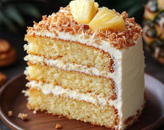 Pode incluir: Uma fatia de bolo branco com flocos de coco e abacaxi por cima. O bolo é em camadas com cobertura branca e tem uma cor amarela clara.