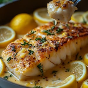 Könnte beinhalten: Nahaufnahme einer Pfanne mit Zitronen-Butter-Sauce, in der ein Stück gebratenen Fisches mit einer Gabel herausgehoben wird. Der Fisch ist goldbraun und flockig, und die Sauce ist cremig und aromatisch.