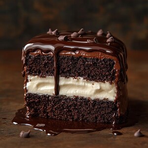 May include: A square slice of chocolate cake with a white cream filling. The cake is covered in a dark chocolate ganache that is dripping down the sides. Chocolate chips are scattered on top and around the base of the cake.