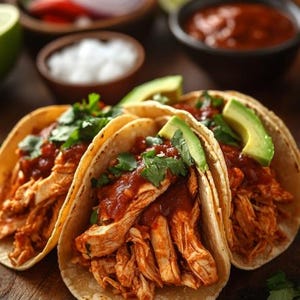 Può includere: Tre tortillas di mais morbide ripiene di pollo sminuzzato, ricoperte da una salsa rossa, fette di avocado e coriandolo.