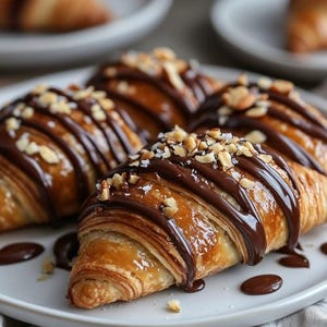 Op de afbeelding: Drie croissants bedekt met chocoladesaus en gehakte noten op een wit bord.