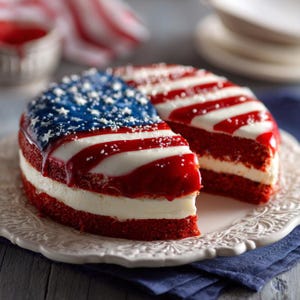 May include: A patriotic cake decorated to resemble the American flag. The cake features layers of red velvet cake, white cream, and a red and blue glaze with white star sprinkles. It is presented on a white, ornate plate.