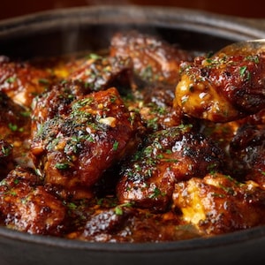 May include: Close-up of a cast iron skillet filled with braised chicken. The chicken pieces are a deep brown color, glistening with sauce, and garnished with fresh herbs. A spoon lifts a piece of chicken from the skillet.