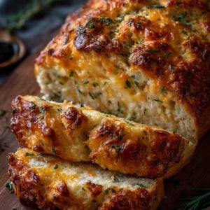 Puede incluir: Un pan de ajo con queso, parcialmente rebanado, sobre una tabla de cortar de madera. El pan tiene una corteza dorada con queso derretido y hierbas. Ramas de romero y mantequilla están en el fondo, lo que sugiere un manjar salado recién horneado.