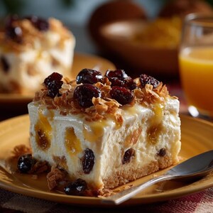 May include: A slice of cheesecake with a graham cracker crust, topped with dried cranberries and crunchy flakes, sits on a yellow plate. A glass of orange juice and another cheesecake slice are in the background. A spoon rests on the plate.