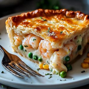 Può includere: Una fetta di torta salata ai gamberi su un piatto bianco. La torta presenta una crosta dorata e friabile ed è farcita con gamberi, piselli, mais e una salsa cremosa. Una forchetta d'argento è appoggiata sul piatto.