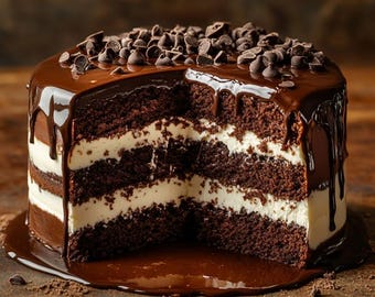 May include: A three-layer chocolate cake with white frosting and chocolate ganache, topped with chocolate chips. The cake is cut in half, revealing the layers of cake and frosting.