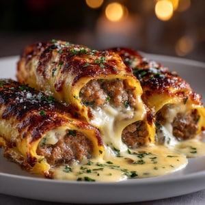 May include: Three cannelloni pasta rolls filled with meat and cheese on a white plate. The pasta is golden brown, with melted cheese and sauce spilling out. Garnished with herbs. A delicious Italian dish.