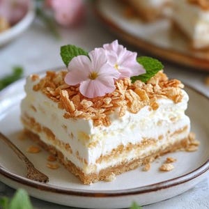 May include: A close-up of a layered dessert topped with crushed cereal and decorated with pink flowers and green leaves. The dessert is on a white plate with a brown rim.