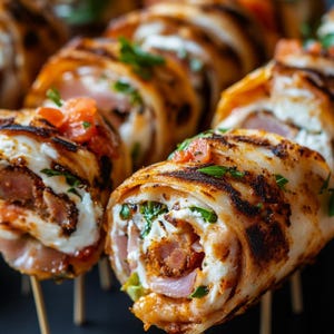 May include: Close-up of several appetizers on skewers. The appetizers are rolled and grilled, with visible fillings of white cheese, meat, and green herbs. Garnished with small pieces of red tomato and fresh green herbs.