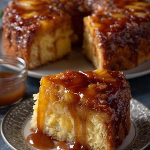 Può includere: Una fetta di torta rovesciata all'ananas su un piatto decorativo. La torta ha una copertura caramellata marrone dorato con fette di ananas. La salsa al caramello cola lungo i lati della torta. Lo sfondo mostra l'intera torta e un piccolo barattolo di vetro.