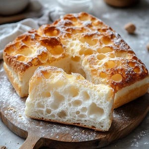 Puede incluir: Primer plano de una tabla de cortar de madera marrón claro con un pan blanco, aireado y ligeramente dorado con una textura porosa. El pan está espolvoreado con azúcar en polvo.