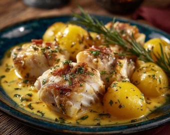 Receta de bacalao cremoso con patatas baby: Cena rústica de pescado (Descargar PDF)
