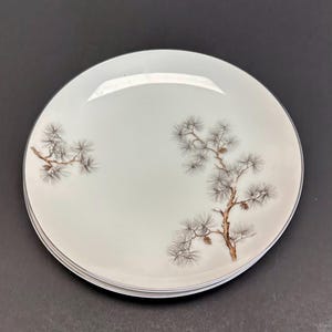 Può includere: Una pila di piatti in ceramica bianca con bordo argentato. Ogni piatto presenta una dettagliata illustrazione di un ramo di pino con aghi e pigne marroni e grigie. I piatti sono su una superficie grigio scuro.
