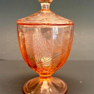Vintage Jeanette Depression Glass Pink Floral Poinsettia Covered Candy Jar