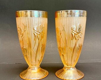 Vintage Jeannette Glass Iris & Herringbone Iridescent 6" Water Goblet Set of 2
