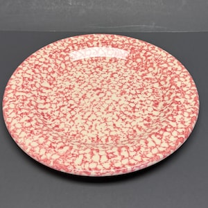 Peut inclure: Une assiette ronde en céramique avec un motif moucheté rouge et crème. L'assiette a un bord légèrement surélevé et une finition lisse et brillante. Idéale pour servir des aliments.