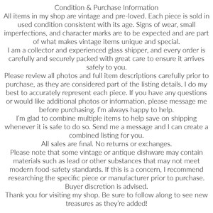 Puede incluir: Un documento de texto digital titulado Condition & Purchase Information. El texto describe las pol&iacute;ticas sobre art&iacute;culos vintage, env&iacute;os, ventas finales y advertencias de seguridad para vajillas antiguas, aconsejando discreci&oacute;n.
