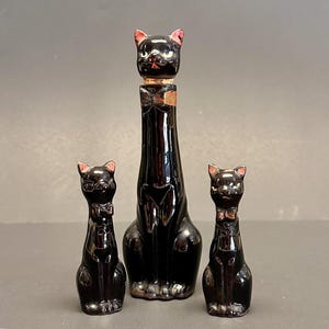 Vintage Redware Black Cat Salt & Pepper Shakers with single Cruet