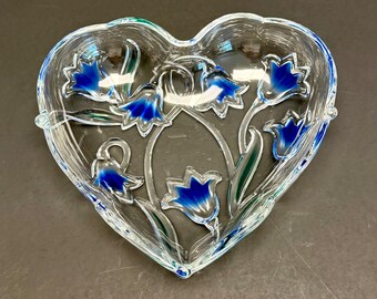 Mikasa Bluebells Heart Shaped Crystal Trinket Dish with Blue Flowers
