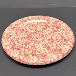 Puede incluir: Un plato redondo de cerámica con base crema y un patrón moteado rojo. El plato tiene un borde ligeramente elevado y un acabado brillante. El diseño recuerda a un estilo vintage, adecuado para servir alimentos.