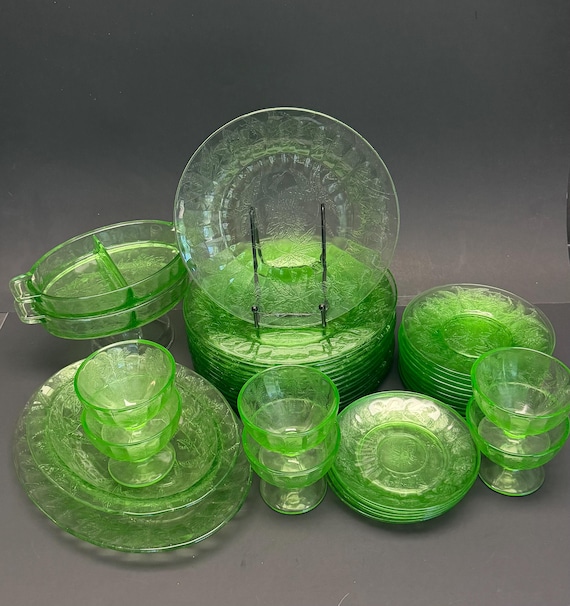 Vintage Floral (Poinsettia) Jeannette Glass Dinnerware- Green Uranium