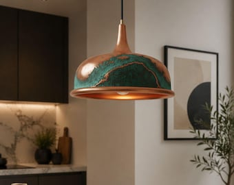 Kupfer Pendelleuchte Grüne Patina, Handgefertigte Rustikale Bauernhaus Deckenleuchte