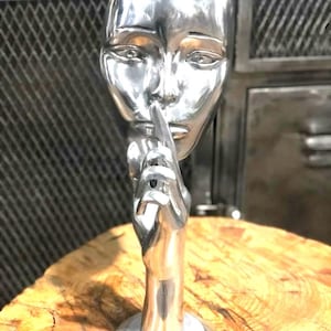 Silver Face Sculpture | Silence Gesture Statue | Modern Metal Art Decor | Abstract Iron Sculpture | 60cm Handmade Art