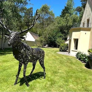 Large Metal Deer Sculpture Outdoor | Garden Stag Art Decor | Life Size Recycled Metal Animal Statue | Yard Ornament for Lawn Decor