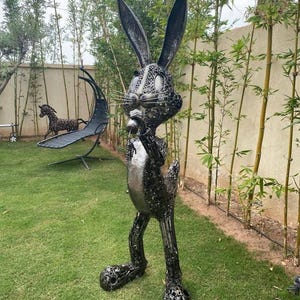 Recycled Metal Bunny Sculpture – Iron Garden Rabbit Decor – Eco Easter Gift