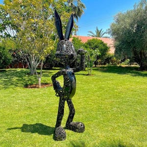 Recycled Metal Bunny Sculpture – Iron Garden Rabbit Decor – Eco Easter Gift